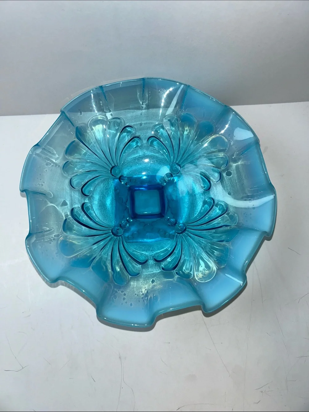Jefferson Glass opalescent blue glass bowl ruffled edge intricate floral pattern